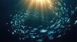 © Margarita Ratatosk - School of fish swimming in deep ocean water with sun rays beaming from surface. Biblical genesis day 5 concept depicting creation of aquatic animal in peaceful underwater marine life.