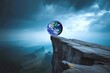 © Jason - planet earth balancing on edge of rocky cliff. Global crisis