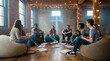 © Margarita Ratatosk - Group of young men and women sitting in circle for modern bible study. Youth ministry gathering in contemporary church interior for faith community.