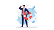 © Sojib - Businessman in a dark suit standing with a red and white lifebuoy and looking into the distance for opportunities or rescue.