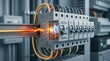 © Raj - Electrical circuit breaker overload protection tripped sparking wires showing short circuit danger in industrial power distribution system