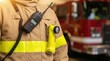 © 5 Grace Media - Firefighter in protective gear with radio and flashlight, fire truck in background.