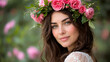 © Julia - A young woman wearing a wreath of pink roses. A brunette in a white lace dress stands in a spring garden. Romantic floral style and a wedding theme.