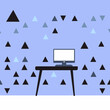 © Chici - Ilustração de espaço de trabalho moderno com monitor de computador na mesa e fundo geométrico de triângulos
