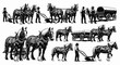 © cinta - Vintage illustration of draft horses and farm workers with plows and carts