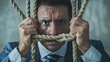 © pvl0707 - Experience the weight of corporate stress as a tied businessman struggles with worry, embodying the pressure of modern work life.