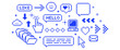 © Mariia - Minimal pixel UI icons background in retro 8bit style on clean light layout. Stack of file folders, PC, cursor, hand. Retro technology blue elements set for apps, dashboards, modern digital interfaces