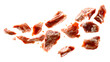 © MDNadim - Cat food pieces of meat are flying isolated on a white background