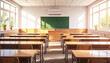 © Saga - Bright Modern Classroom Interior in Morning with Sunlight and Green Chalkboard