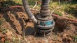 © TensorSpark - Vacuum pump extracting sewage from a damaged underground sewer line during repair, showing hose, connector, excavation, and soil disruption.