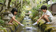 © Sitari - Two children playing with paper boats in a garden stream