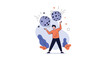 © Gias - Enthusiastic man dressed in an orange shirt juggling two large purple dice to illustrate risk management and decision making concepts.