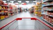 © The Little Hut - Perspective from inside a shopping cart in a brightly lit grocery store aisle with shelves stocked with products