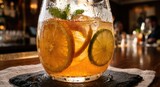 Refreshing citrus cocktail with orange slices in a glass bar