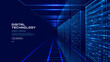 © AntonKhrupinArt - Modern data center visualization with server racks and flowing digital information streams, featuring abstract blue and green tech elements and text block placement. Digital technology vector cover