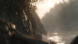 © Jhati - Misty morning coastal landscape with waves crashing on rocky shoreline landscape sunlight