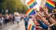 © PhotoArtHub - Close-up of hands holding rainbow flags at a pride event, symbolizing diversity, equality, and LGBTQ+ rights with a festive atmosphere