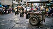 © Taras Yasinski - Tactile detail of street food cart tires on gritty urban intersection asphalt, street food cart, urban texture, unscripted local culture, city commerce