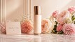 © ZHMPRO - Mothers day cosmetic gift set with skincare bottle and pink roses on marble background