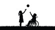© ClipsByAnderson - Two children silhouetted playing with a ball on a grassy field with one child in a wheelchair
