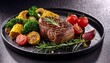 © Dusty - gourmet beef steak with colorful vegetables and herbs on slate plate