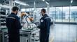 © Olivia - Male industrial engineers wearing safety glasses and work uniforms monitoring robotic arm assembling circuit boards on production line in modern factory warehouse with yellow
