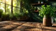 © svastix - A mint plant flourishing in a rustic jar sits atop a weathered wooden table, bathed in sunlight, representing freshness and the essence of home gardening.