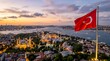 © Elis Cora - Turkish Flag on Flagpole with Hagia Sophia at Sunset, Aerial Drone View.