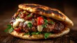 © svastix - A scrumptious burger oozing with toppings, sitting on a rustic table. It encapsulates the essence of indulgent dining and the joy of gourmet flavors combined with comfort.