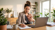 © RG Media - Working mother holding baby while writing notes at home office, multitasking between parenting and remote work, modern lifestyle and productivity concept.