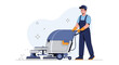 © Daniel - Professional worker operates a large industrial floor scrubbing machine to maintain cleanliness in a wide open space.