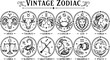 © AntaRaya - Vintage Zodiac Line Icon Set – 12 Astrology Symbols Black and White Engraving Style