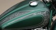 © Hungarian - Close up view showcases the matte finish and intricate pinstripe designs on a green motorcycle fuel tank.