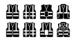 © Rodela - Safety vest icon set with 8 black vector elements, reflective high visibility workwear symbols, industrial protective clothing and construction uniform graphics
