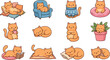 © Sariful - Cartoon vector illustration of twelve playful orange cats in cozy poses and activities with cushions, chairs, and props