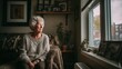 © Popelniushka - Older woman gazing out a window in a softly lit living room, a quiet mood of melancholy