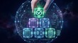 © Nuraya - Hand placing a glowing check mark cube into a futuristic digital network of biometric authentication, KY C, and identity verification modules.