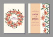 © Gulsim - Set of wedding invitation and save the date cards with lily flowers. Elegant botanical wreath and border with orange lilies for romantic ceremony stationery. Vector poster templates