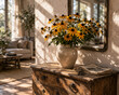 © Petra Fischer - Sonnenhut-Strauß in Keramikvase auf einer antiken Holzkommode