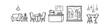 © Nort Kor - Hand-drawn doodle set of coffee shop interior elements including a cozy sofa, cafe table with chairs, espresso machine counter, window view, and bar stools. Black and white line art vector.