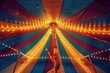 © juliars - Inside view of a vibrant circus tent with colorful stripes and glowing lights, creating a festive atmosphere