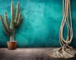 © Jacob - a turquoise vintage background or wallpaper with cactus and rope on aged grunge stucco wall western style a textural antique background with an old wild west theme or desert southwest motif