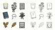 © renender - A collection of funeral and memorial icons, including candles, flowers, Bibles, rosaries, oak leaves, and memorial portraits.