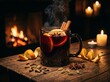 © wahid - A steaming mug of mulled wine, garnished with orange slices and cinnamon sticks, sits on a wooden table in front of a crackling fireplace, creating a warm and inviting winter atmosphere.