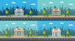 © Miftakhul - Cartoon bank building illustration in a cityscape with road, trees, clouds, and streetlights, perfect for financial websites, banking ads, and investment presentations.