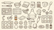 © KN collection - A comprehensive collection of hand-drawn illustrations depicting various baking tools, ingredients, and finished cookies, presented in a vintage, etched style.