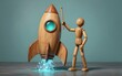 © joeycheung - Wooden figure touches rocket glowing blue flames suggest launch