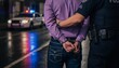 © Varos - A police officer places a man in handcuffs on a city street at night, with a patrol car visible in the blurred background.