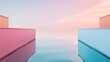 © Megin Design - 穏やかな水面に反射するパステルカラーのコンテナ。未来への道を象徴する夢のようなミニマルな風景。抽象的な概念