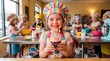 © NORN - Portrait of a cute, happy little girl wearing a colorful chef hat and apron, smiling brightly at the camera while holding a birthday cupcake with lit candles